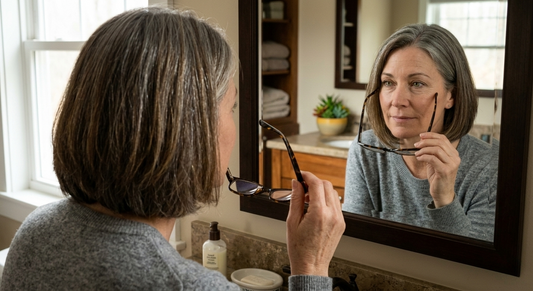A 45-year-old woman holding reading glasses and looking in a bathroom mirror, illustrating early signs of presbyopia and the need for proactive retinal health support.