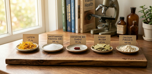 five separate raw ingredients. Marigold petals (Lutein), fine crystalline Nicotinamide Riboside (NR) powder, a red softgel (CoQ10), dried Ginkgo Biloba leaves, and Calcium Pyruvate fuel.