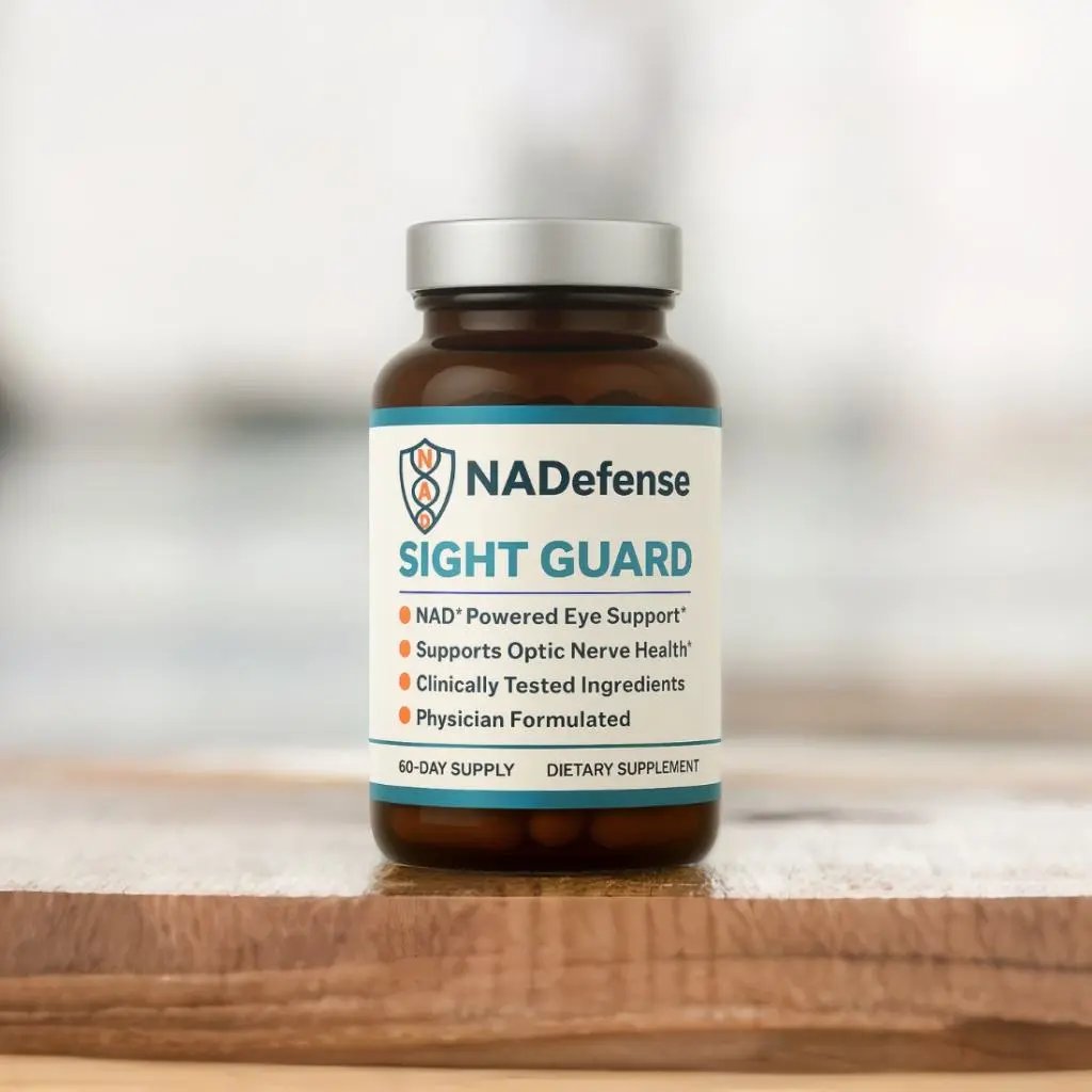 Supplement bottle labeled 'NADefense Sight Guard' on a wooden surface with a blurred background