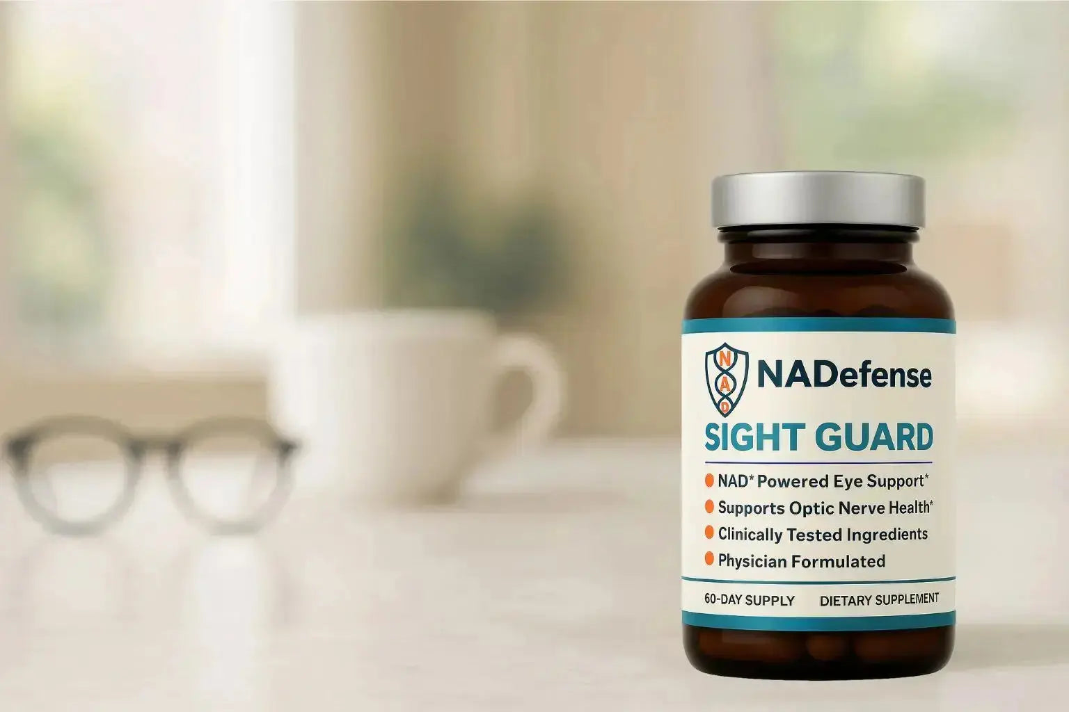 bottle labeled 'NADefense Sight Guard' on a blurred background with glasses and a mug.