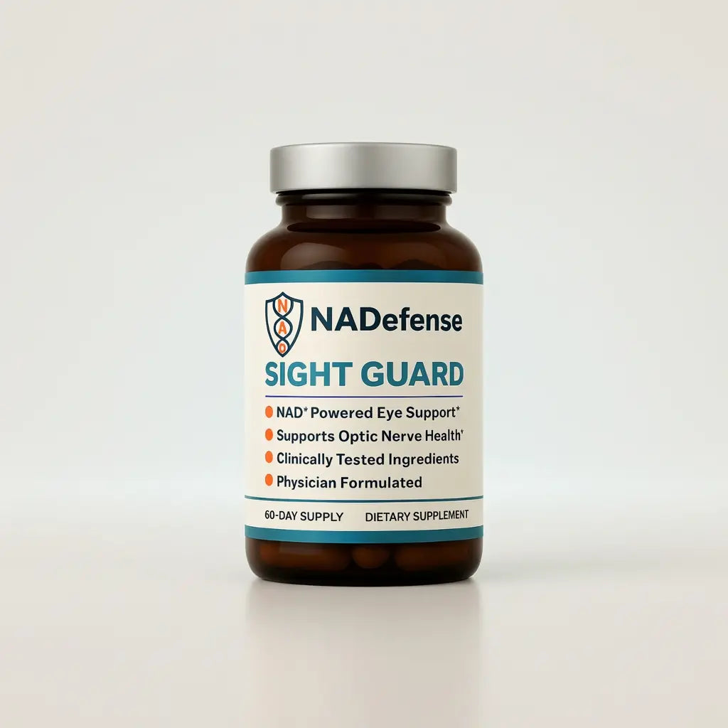Supplement bottle labeled 'Sight Guard' by NADefense on a light gray background