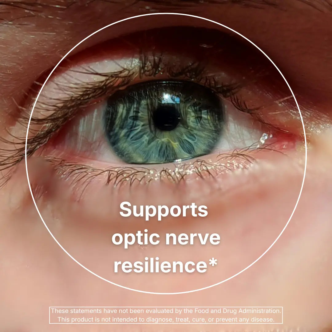 Close-up of a green eye with text about optic nerve resilience.