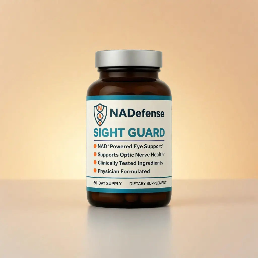 Supplement bottle labeled 'NADefense Sight Guard' on a gradient background