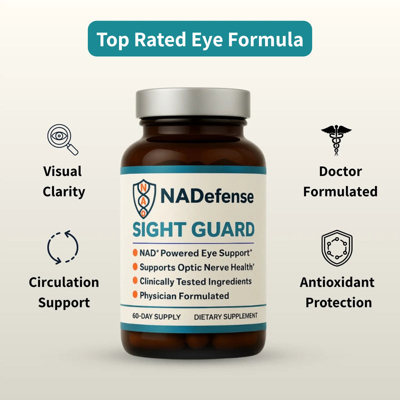 NADefense Sight Guard supplement bottle with features listed on a light gray background