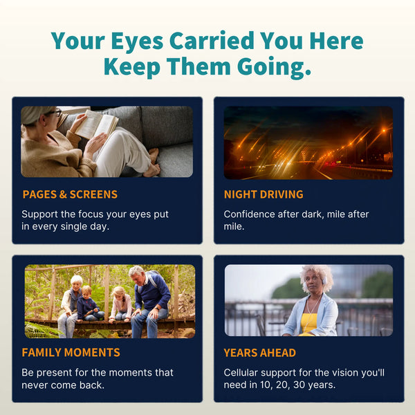 Advertisement highlighting vision care products with lifestyle images and text.