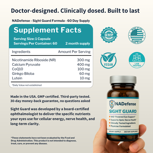 NADefense Sight Guard supplement bottle with label and supplement facts on a white background