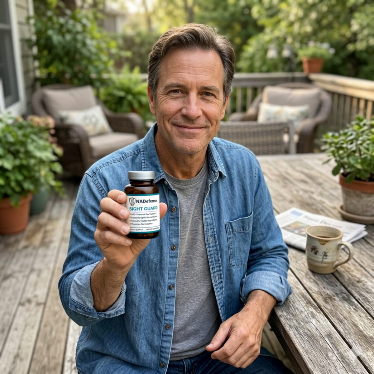 Man holding a bottle of supplements outdoors on a wooden deck